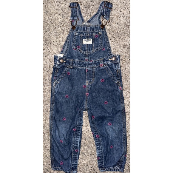 Osh Kosh Denim Overalls Girls Pink Hearts 24 Months - Picture 1 of 4